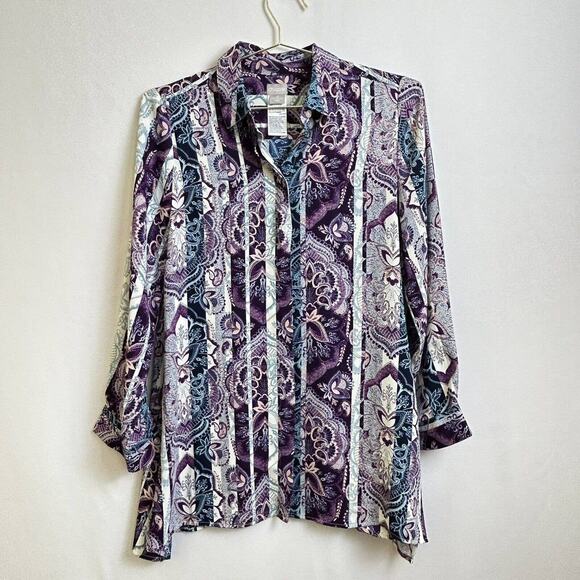 Chico's Tops - Chico's white purple paisley print long sleeve collared top womens sz 0